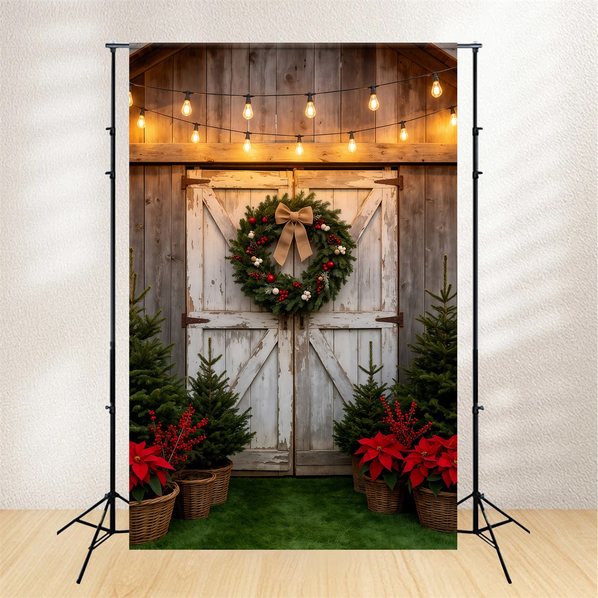 Christmas Tree Farm Backdrop Rustic Barn Door Wreath Photography Backdrop Christmas GQ69-38