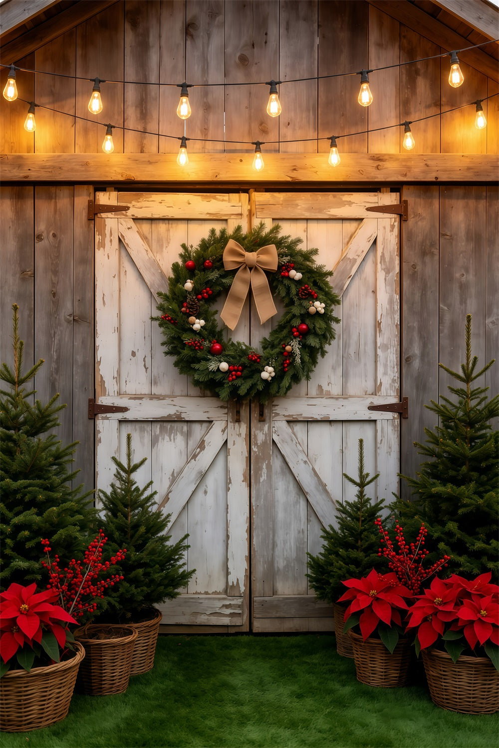 Christmas Tree Farm Backdrop Rustic Barn Door Wreath Photography Backdrop Christmas GQ69-38