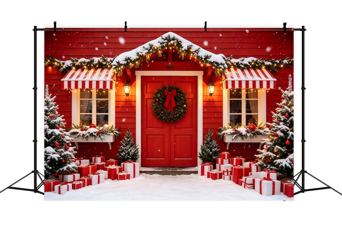 Christmas House Backdrop Red Cabin Door Entrance Christmas Studio Backdrops GQ69-4