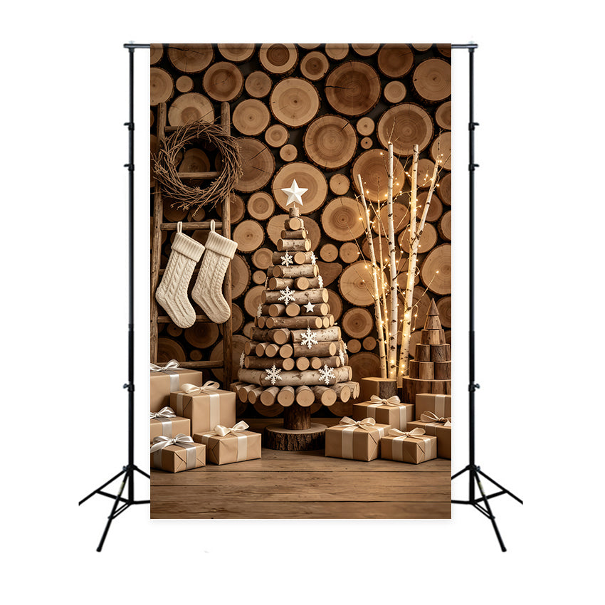 Rustic Christmas Backdrop Wood Log Wall Tree Display Christmas Muslin Backdrop GQ69-47
