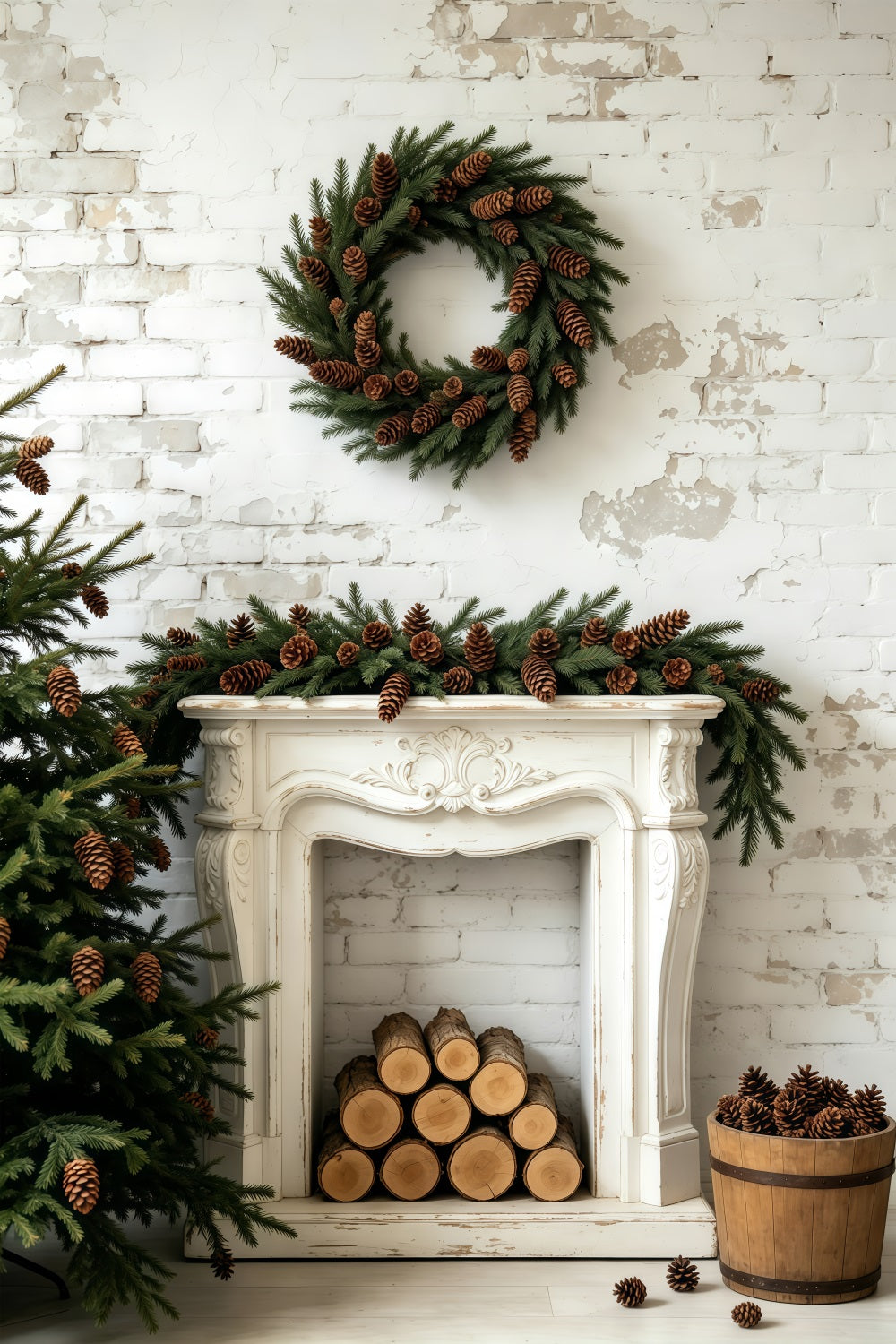 Christmas Wall Backdrop Pinecone Wreath Mantel Display Photographic Backdrops Christmas GQ69-54