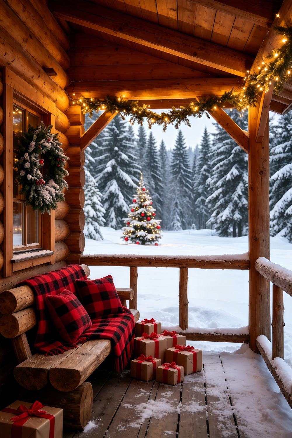 Country Christmas Backdrop Cozy Cabin Porch Forest View Christmas Photo Backdrop GQ69-58