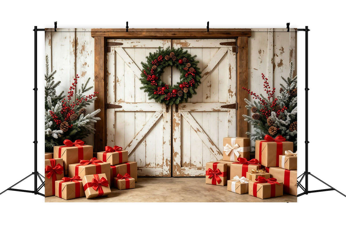 Christmas Barn Door Backdrop Rustic Barn Gift Boxes Studio Christmas Backdrops GQ69-6