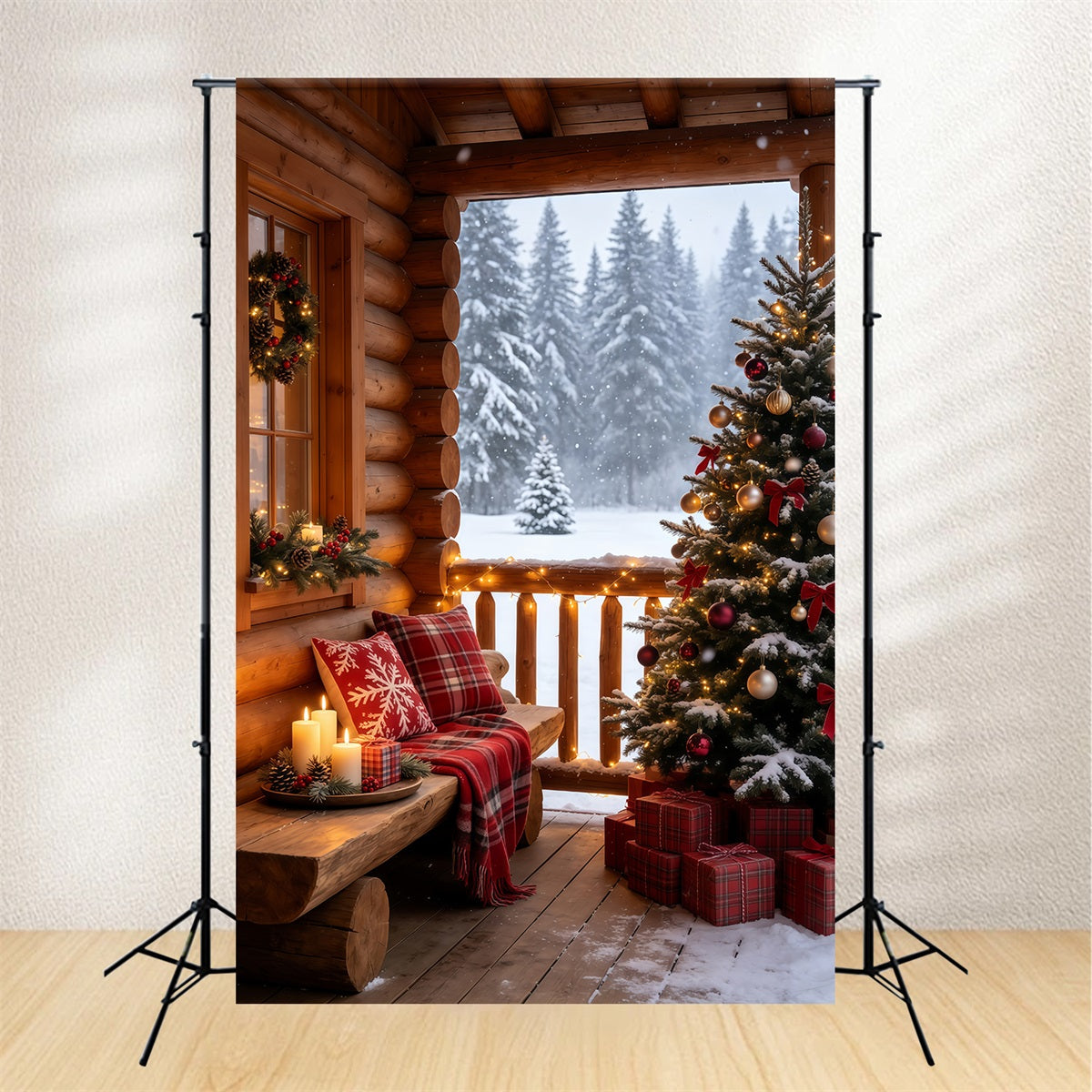 Rustic Christmas Backdrop Cozy Snowy Cabin Balcony Backdrops Christmas GQ69-69
