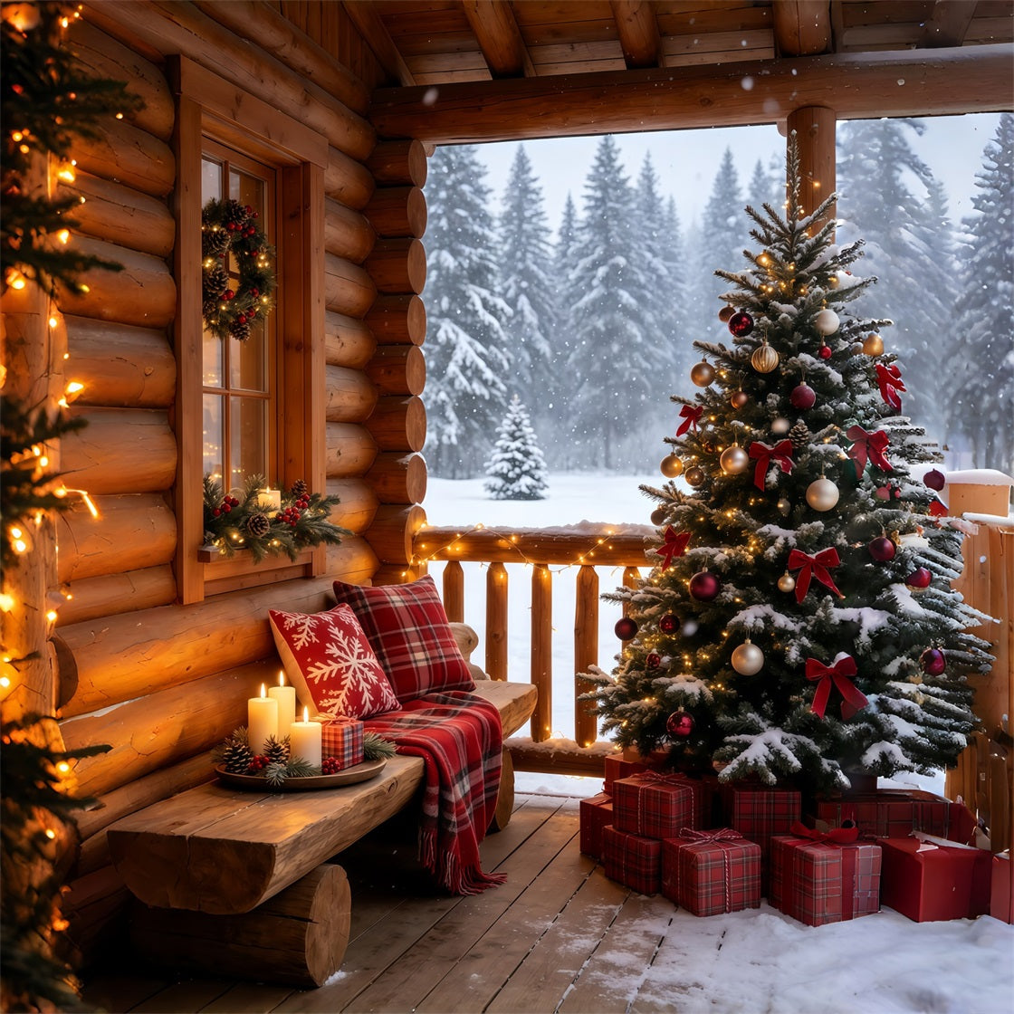 Rustic Christmas Backdrop Cozy Snowy Cabin Balcony Backdrops Christmas GQ69-69