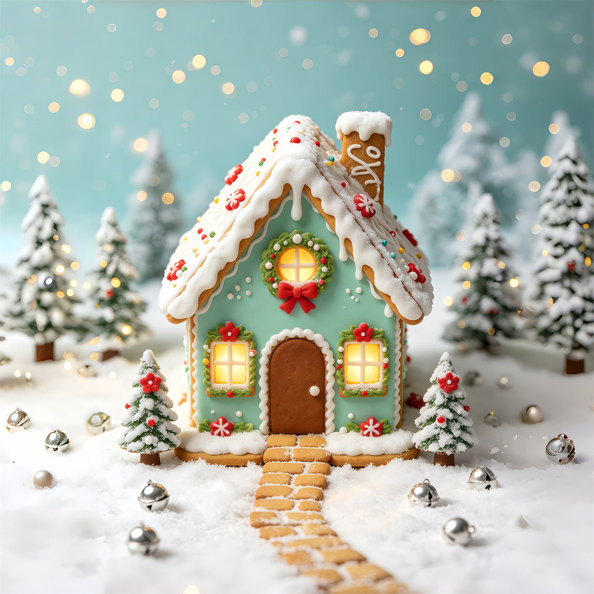 Christmas Candy Backdrop Mint Gingerbread Cottage House Photography Christmas Backdrop GQ69-70