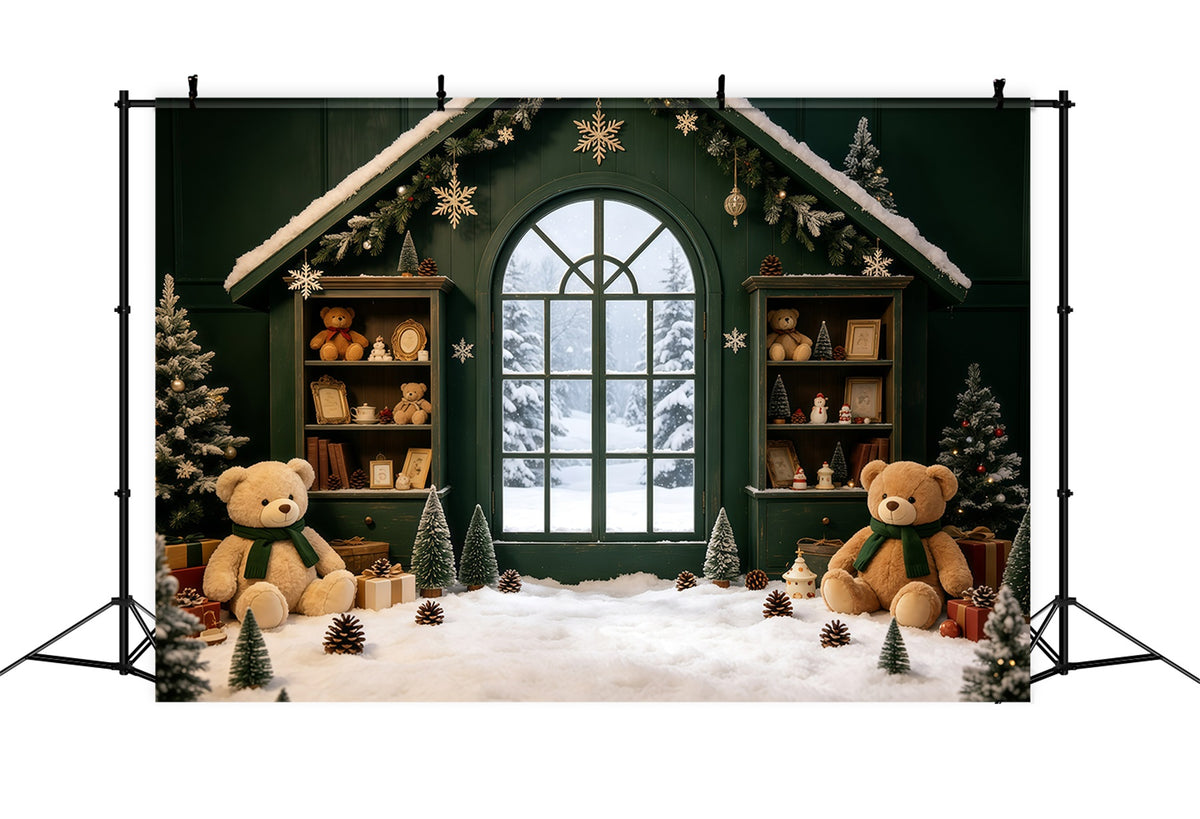 Cozy Christmas Backdrop Green Cabin Teddy Window Christmas Muslin Backdrop GQ69-8