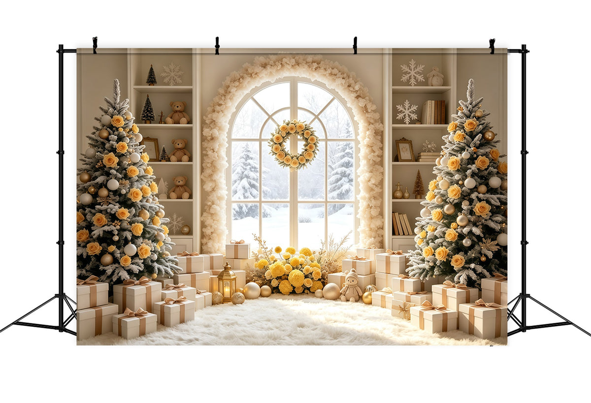 Christmas Room Backdrop Ivory Rose Arch Window Christmas Indoor Backdrop GQ69-9