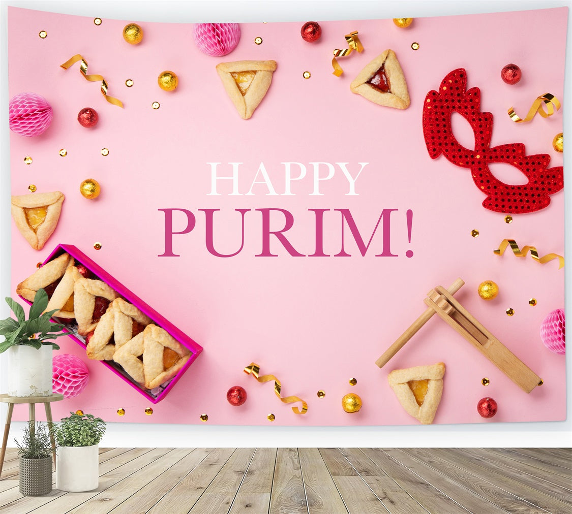 Purim Backdrop Mask Cookies Pink Party Backdrop GTY3-14