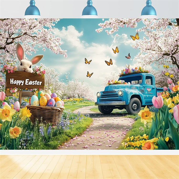 Easter Picture Ideas Romantic Blossom Blue Truck Backdrop GTY3-243