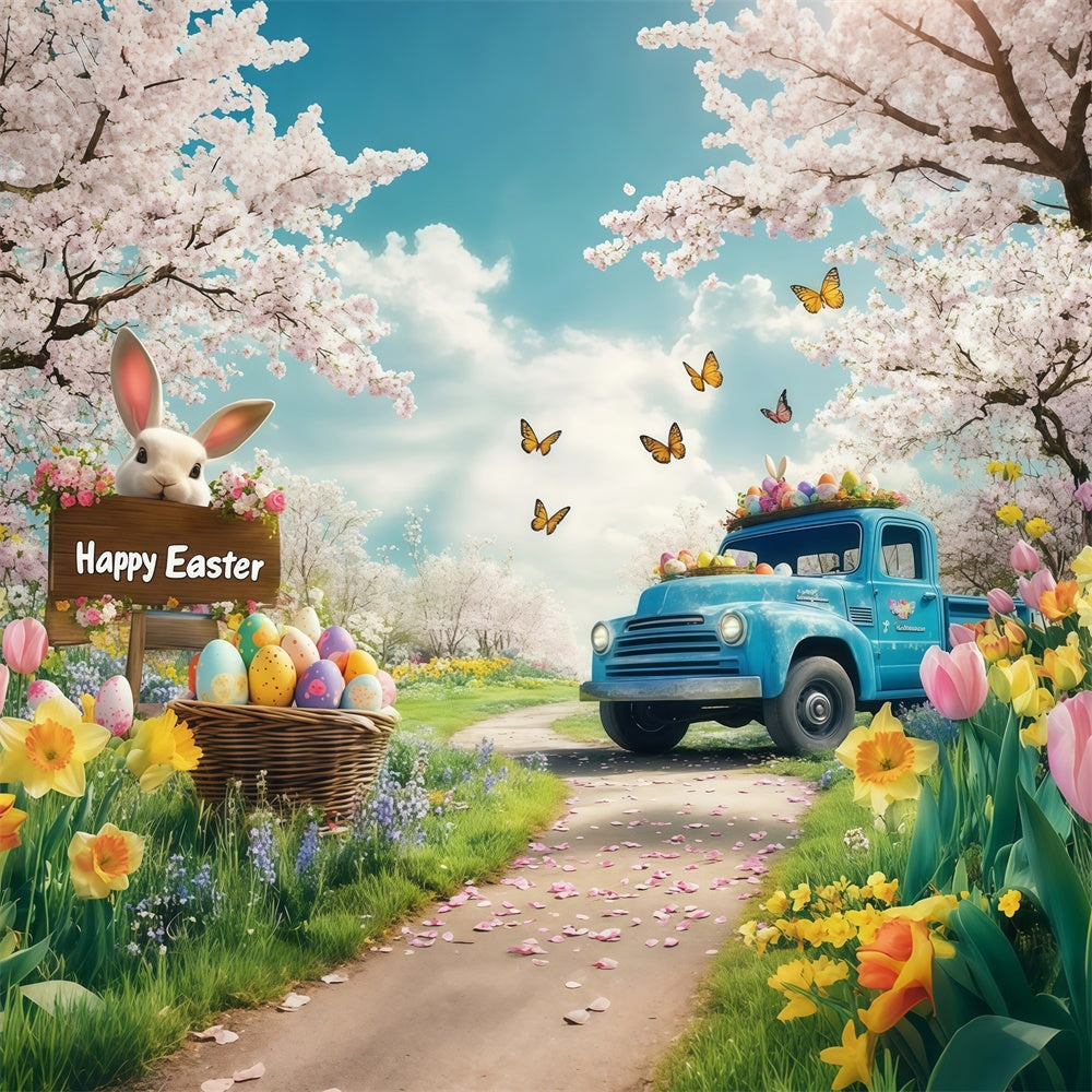 Easter Picture Ideas Romantic Blossom Blue Truck Backdrop GTY3-243