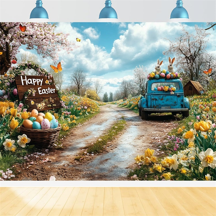 Easter Backdrops Photography Retro Truck Egg Meadow Backdrop GTY3-245