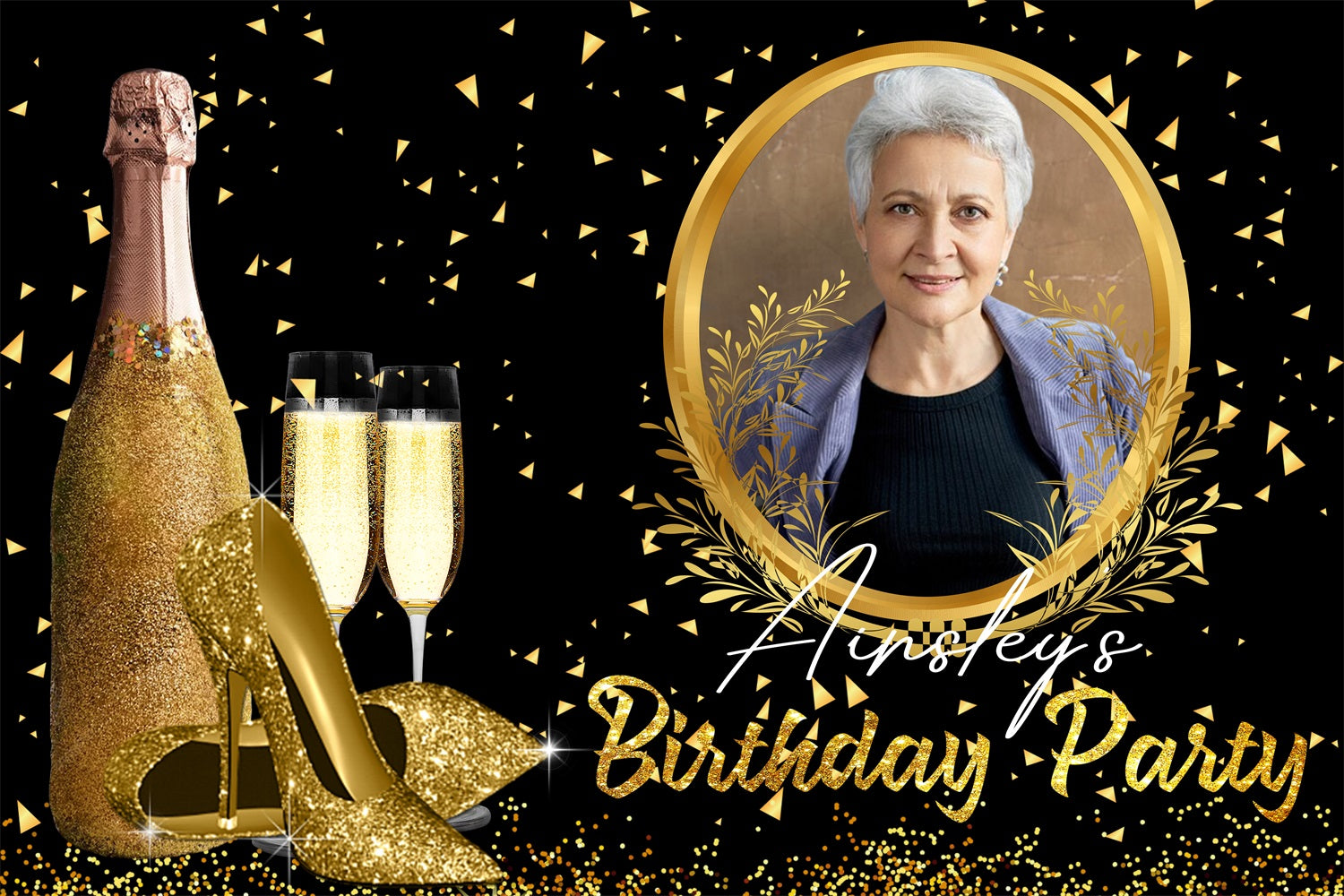 Personalized Birthday Backdrop Glitter Heels Champagne Backdrop GTY3-246