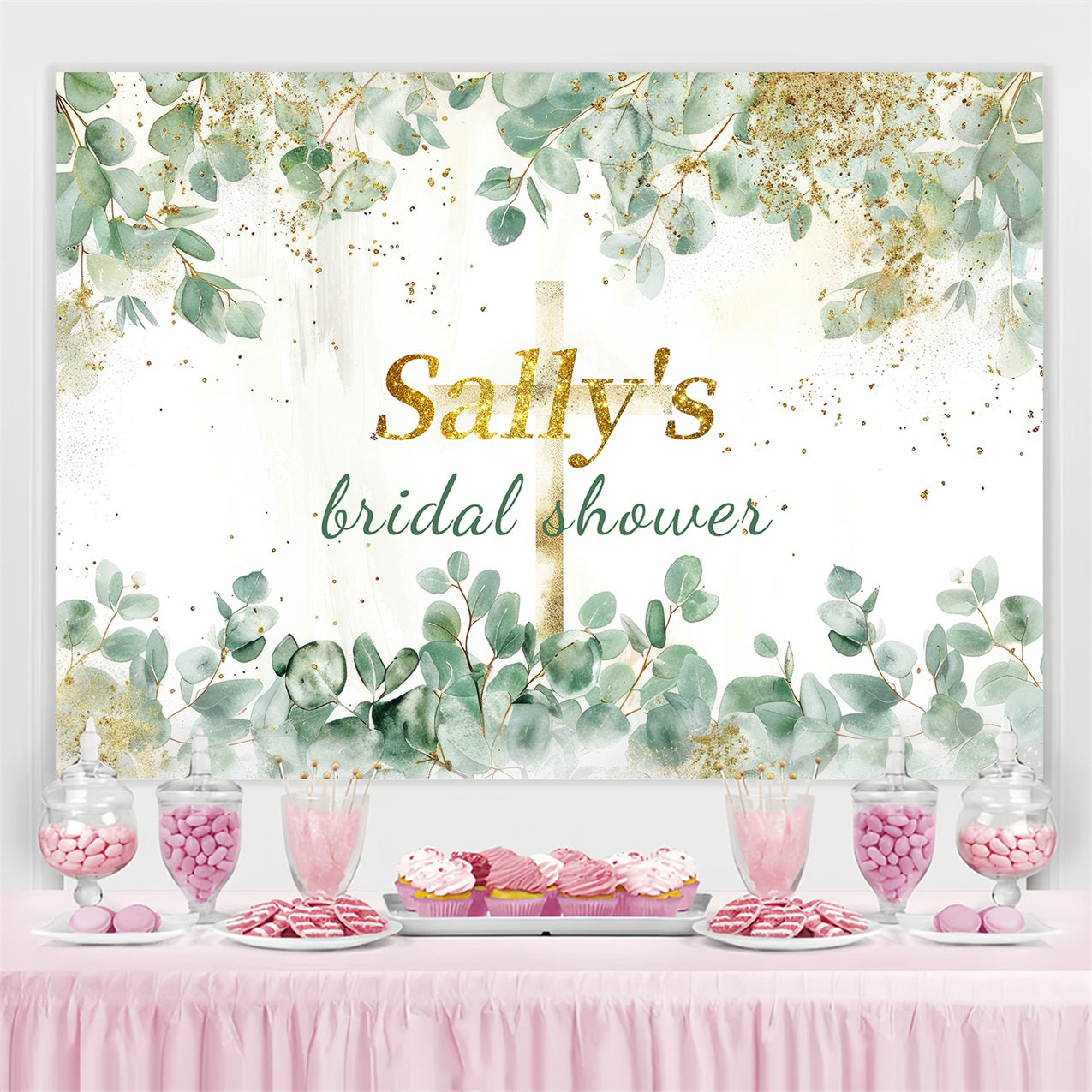 Bridal Shower Backdrop Glittering Green Leaves Custom Backdrop GTY3-271