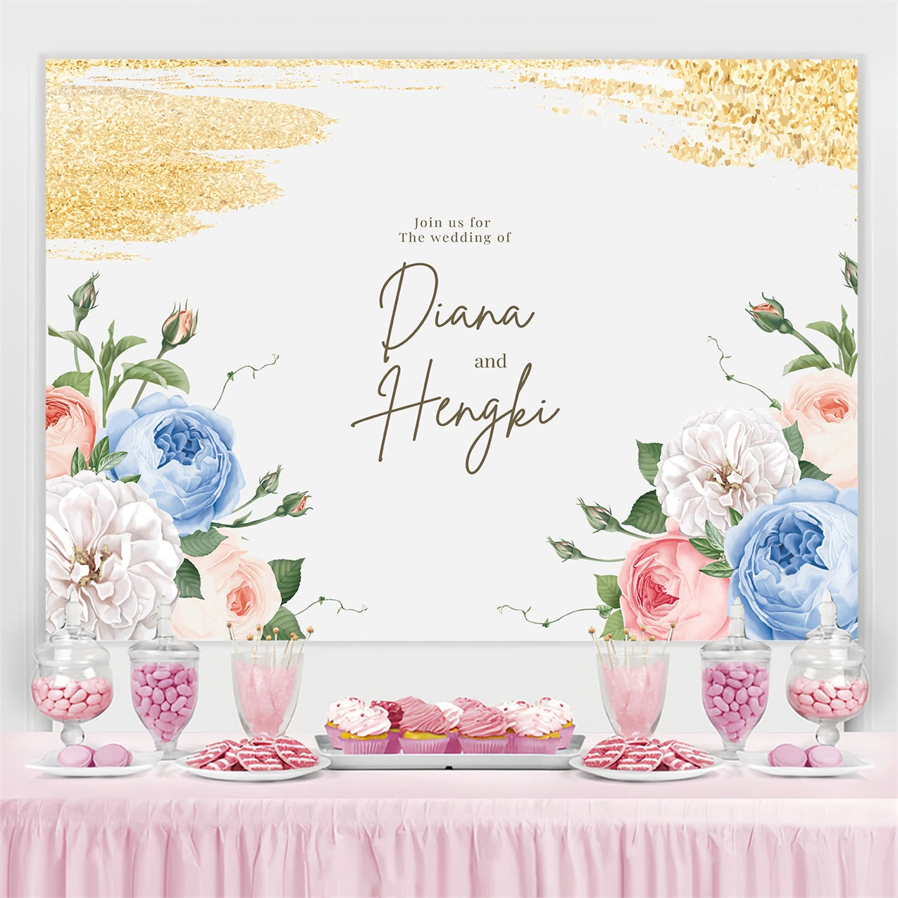 Wedding Backdrop Gold Sparkle Floral Customized Backdrop GTY3-273