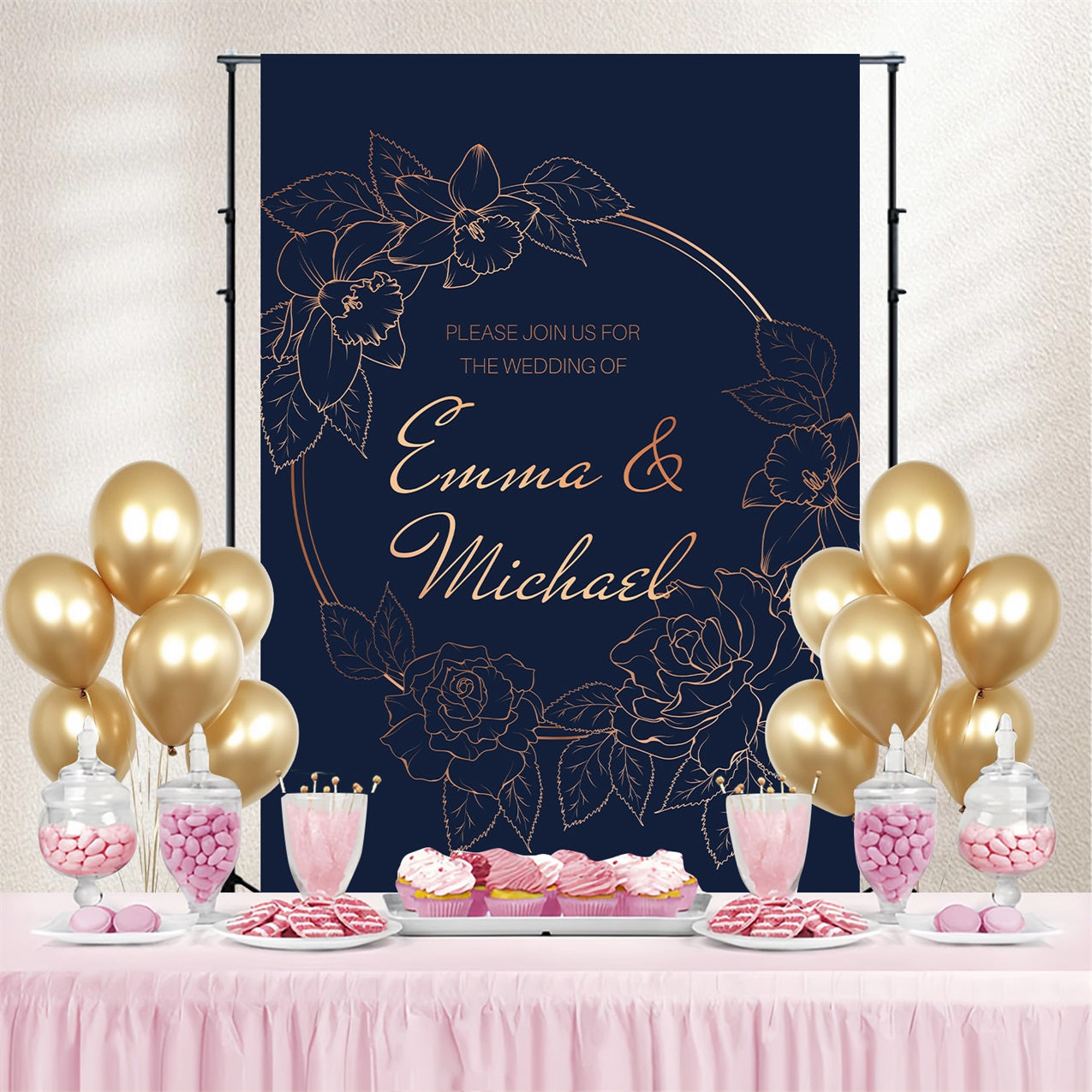 Wedding Backdrops Dark Blue Floral Personalised Backdrop GTY3-274