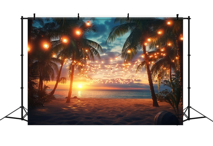 Beach Photo Backdrop Sunset Palm String Light Summer Backdrop GTY3-281