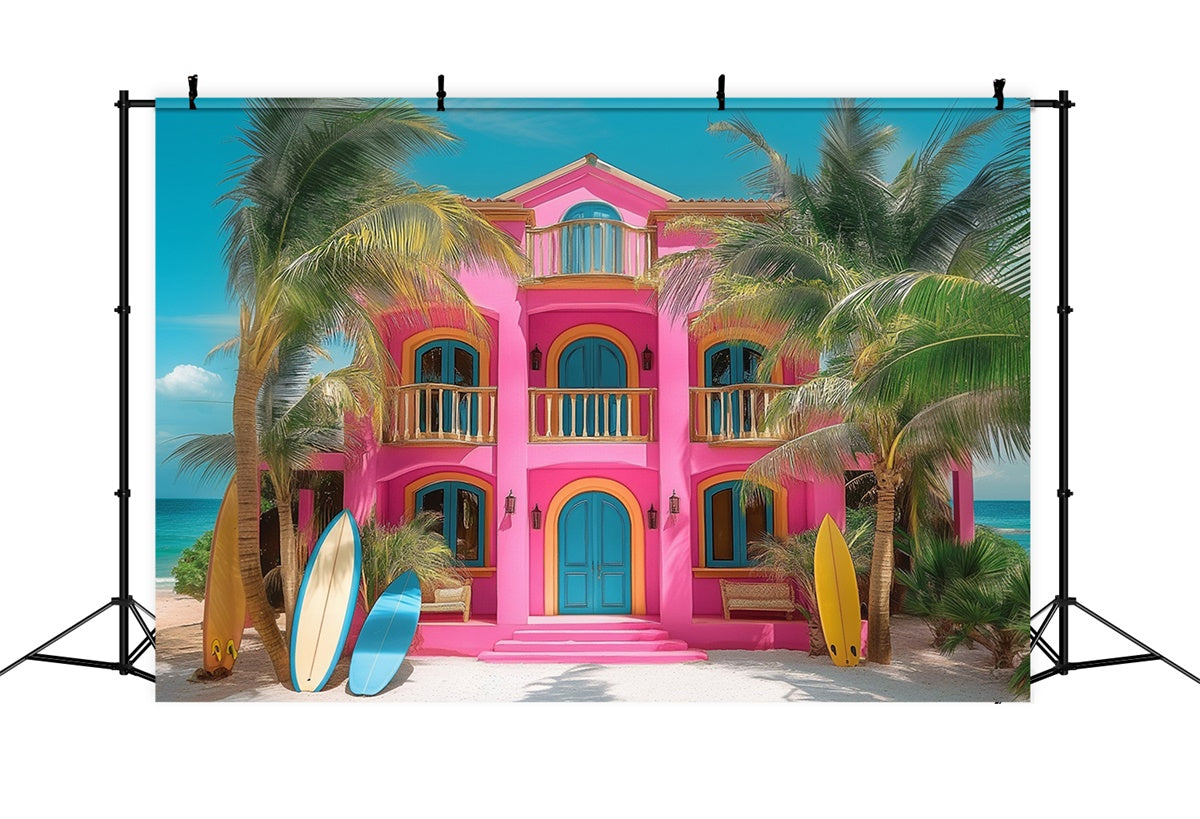 Summer Photo Backdrop Pink Beach House Palm Backdrop GTY3-283