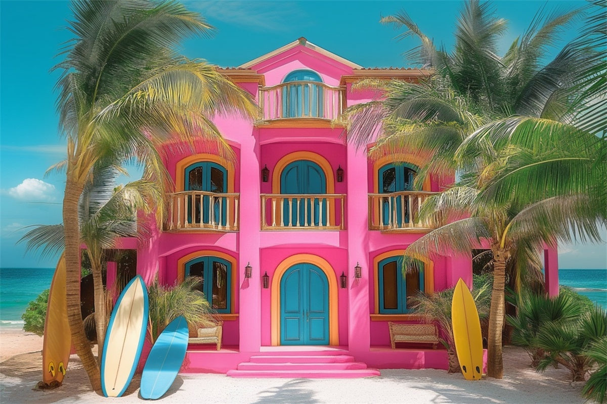 Summer Photo Backdrop Pink Beach House Palm Backdrop GTY3-283