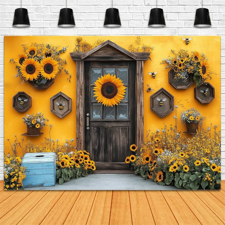 Sunflower Photo Backdrop Sunflower Wooden Door Summer Backdrop GTY3-284