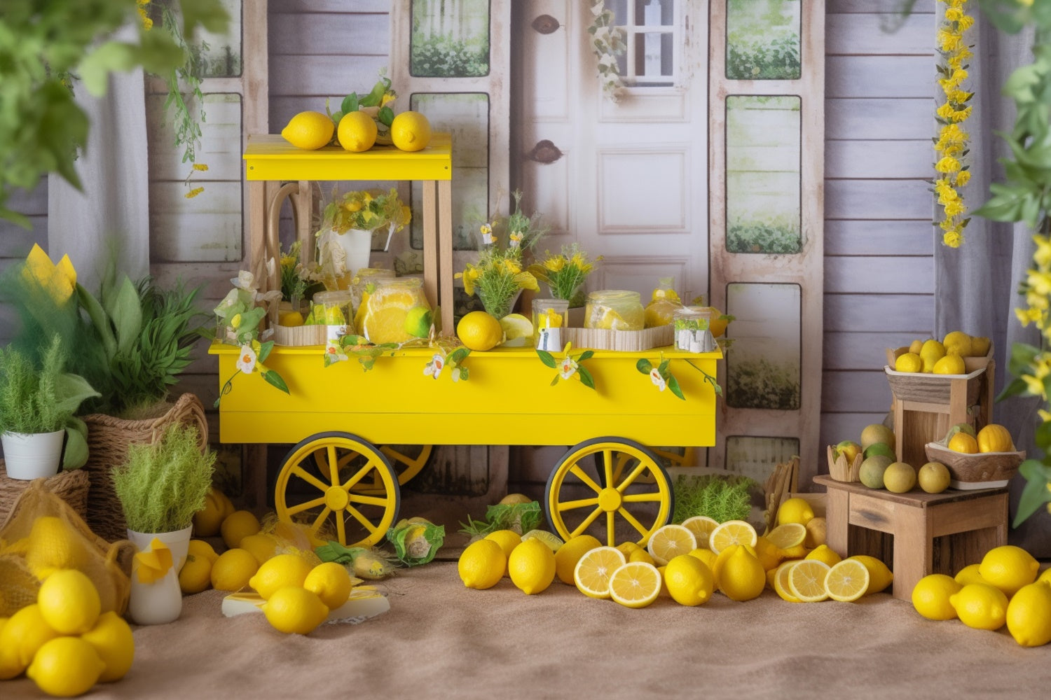 Lemon Backdrop Yellow Lemon Cart Country Summer Backdrop GTY3-285
