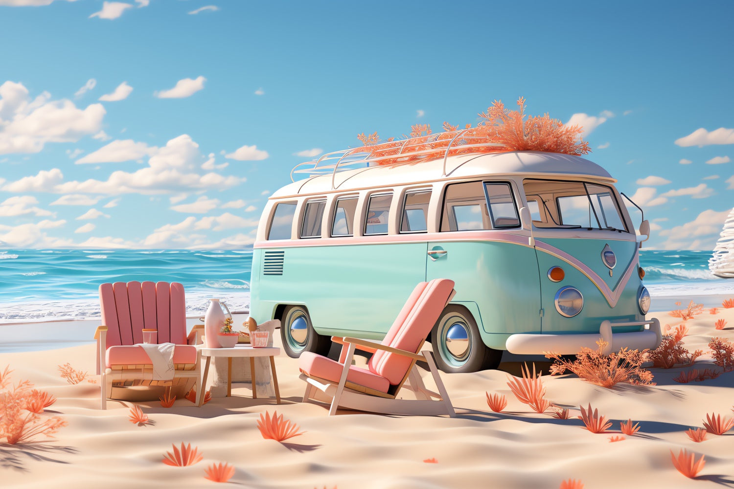 Photo Backdrop Beach Retro Beach Camper Van Summer Backdrop GTY3-286