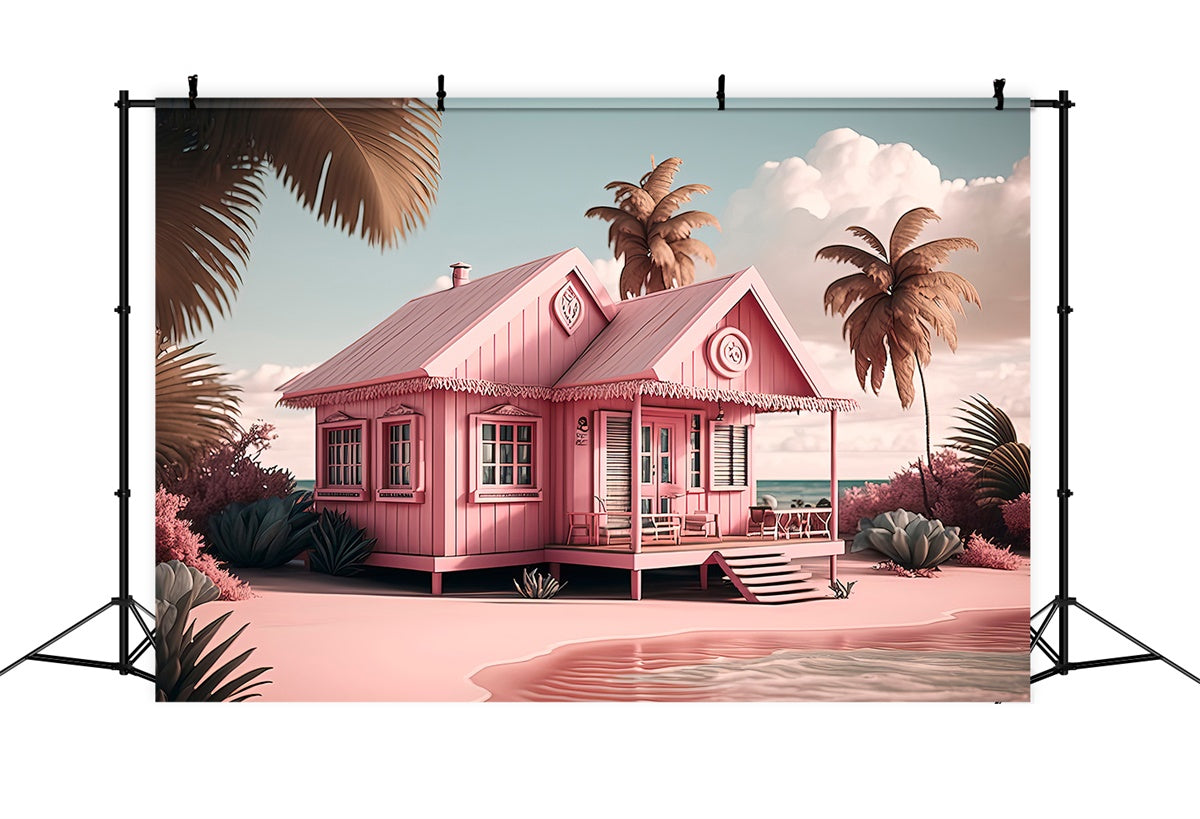 Pink Beach Backdrop Pink Cottage Palm Tree Summer Backdrop GTY3-291