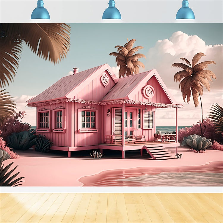 Pink Beach Backdrop Pink Cottage Palm Tree Summer Backdrop GTY3-291