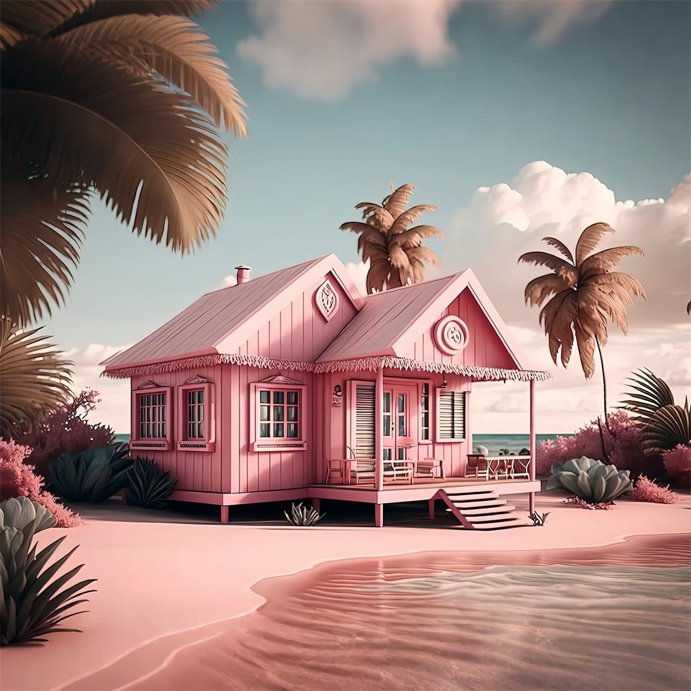 Pink Beach Backdrop Pink Cottage Palm Tree Summer Backdrop GTY3-291