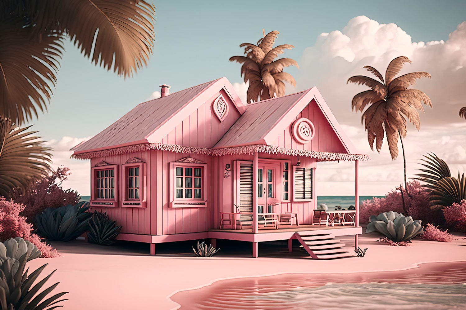 Pink Beach Backdrop Pink Cottage Palm Tree Summer Backdrop GTY3-291