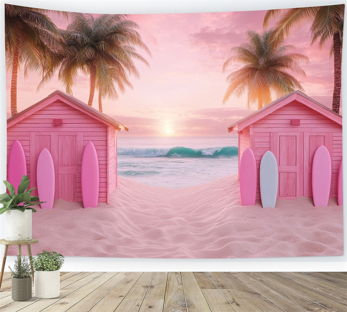 Pink Beach Backdrop Beach Cabins Sunset Summer Backdrop GTY3-303