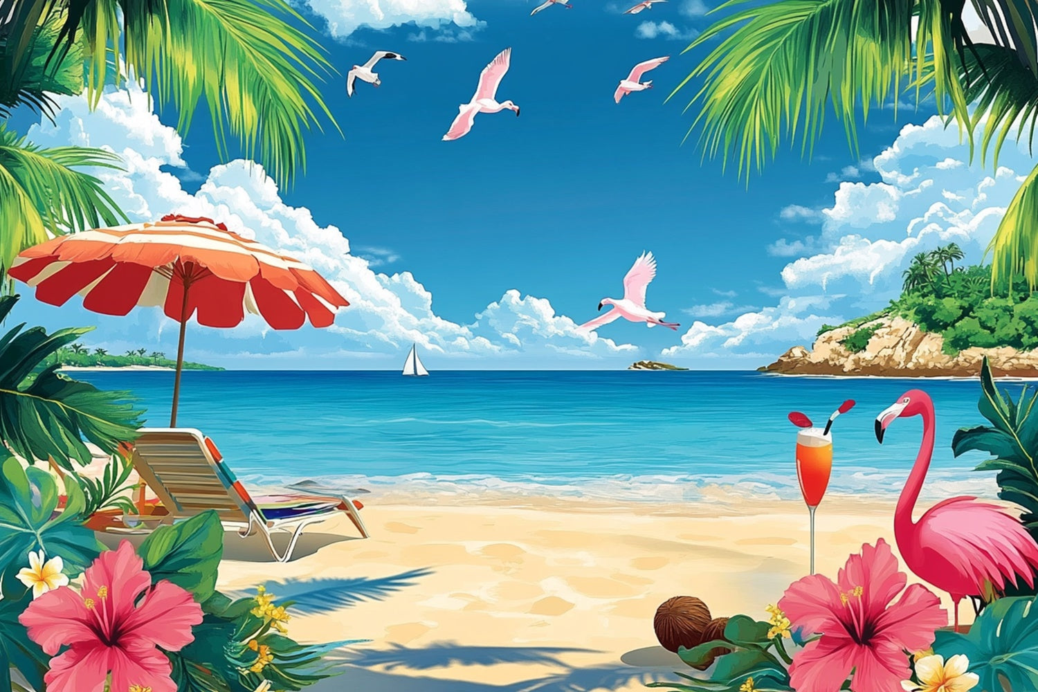 Tropical Photo Backdrop Flamingos Island Beach Summer Backdrop GTY3-304