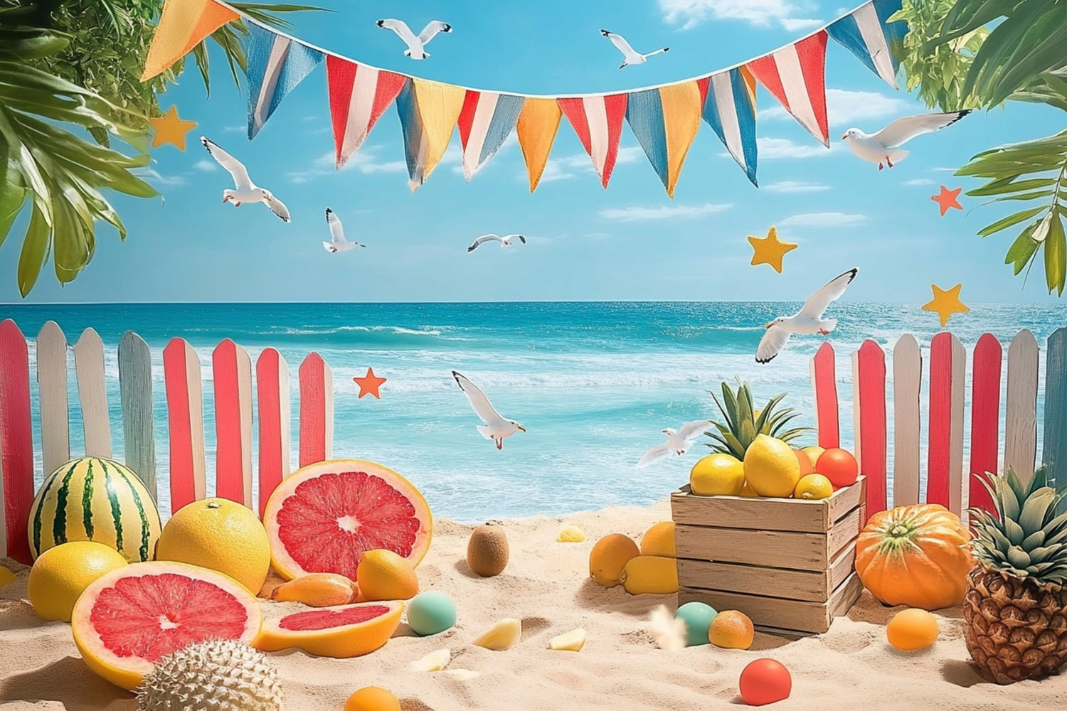 Beach Photo Backdrop Tropical Fruits Fence Summer Backdrop GTY3-305