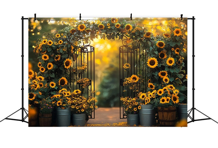 Sunflower Photo Backdrop Sunflower Iron Gate Summer Backdrop GTY3-306