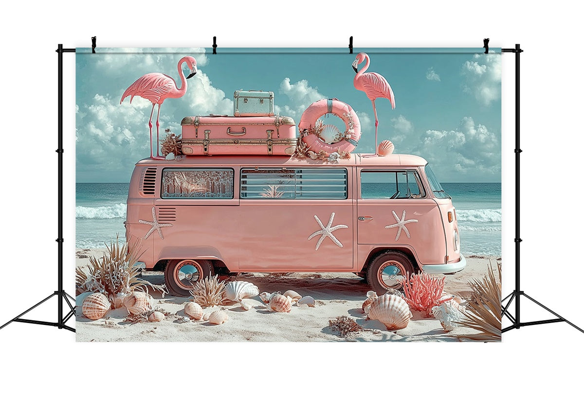 Tropical Backdrops Flamingo Beach Van Summer Backdrop GTY3-309