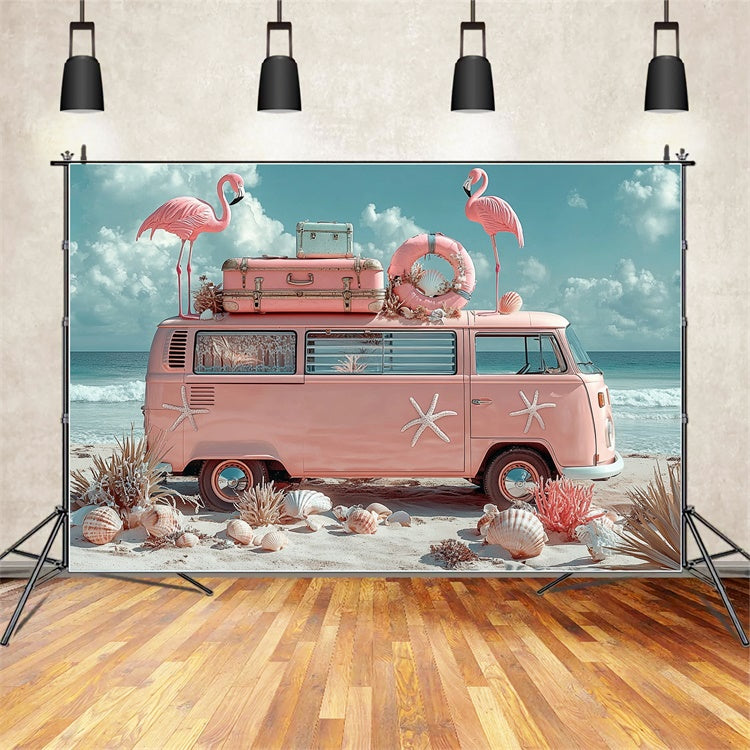 Tropical Backdrops Flamingo Beach Van Summer Backdrop GTY3-309
