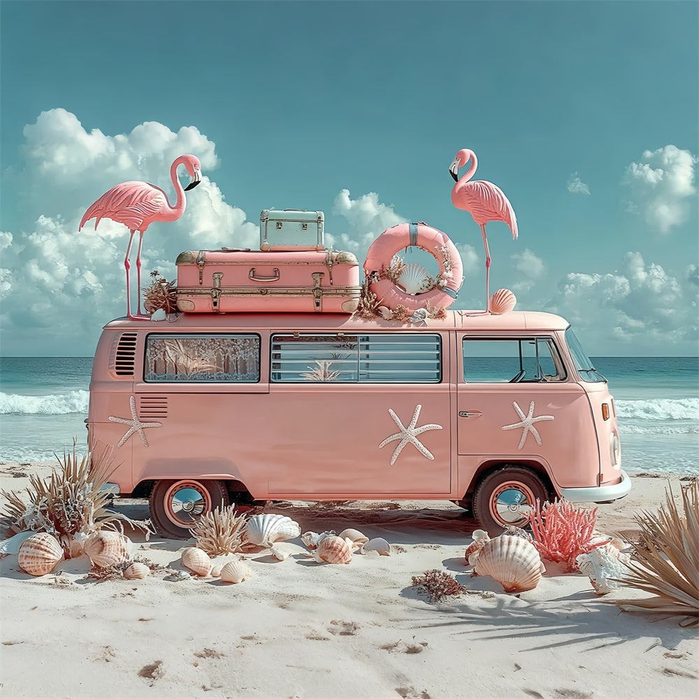 Tropical Backdrops Flamingo Beach Van Summer Backdrop GTY3-309