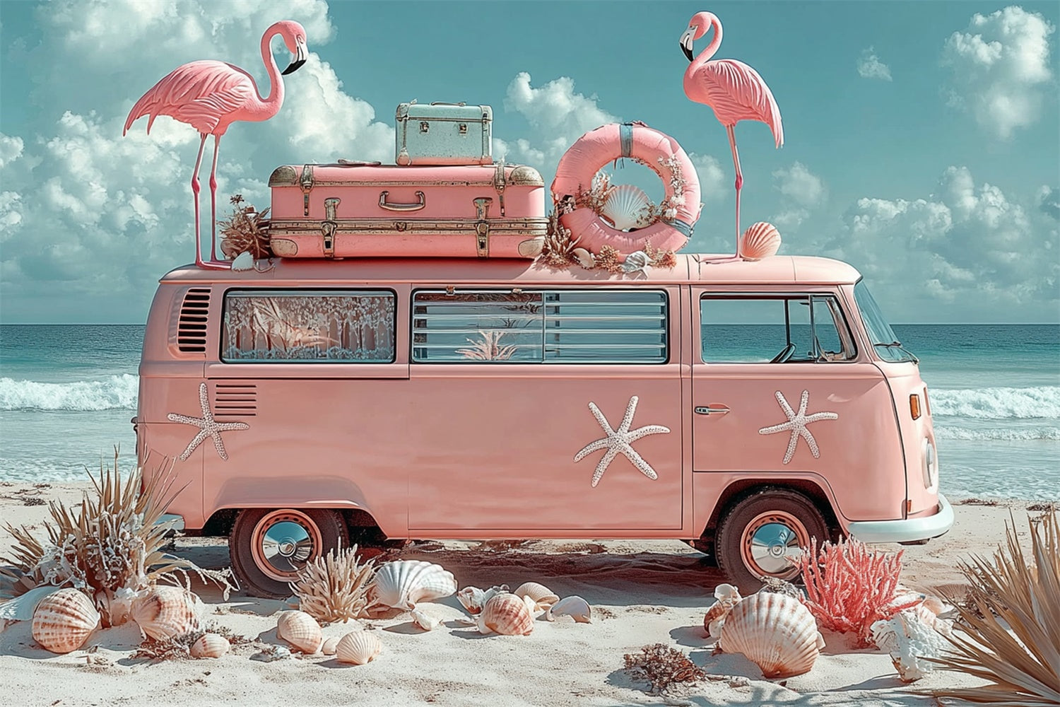 Tropical Backdrops Flamingo Beach Van Summer Backdrop GTY3-309