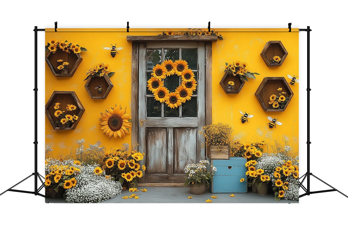 Sunflower Photo Backdrop Rustic Door Sunflower Summer Backdrop GTY3-311