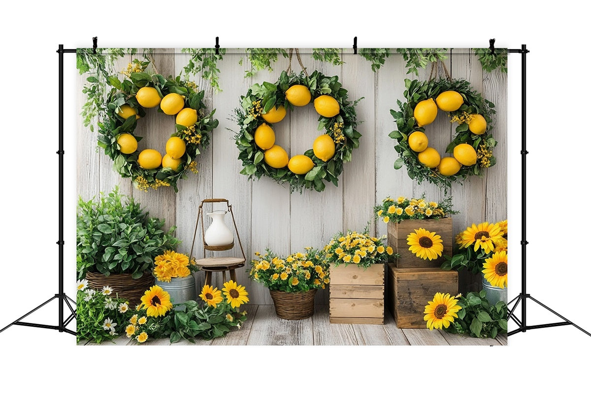 Lemon Backdrop Sunflower Lemon Wreath Wooden Summer Backdrop GTY3-374