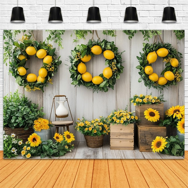 Lemon Backdrop Sunflower Lemon Wreath Wooden Summer Backdrop GTY3-374