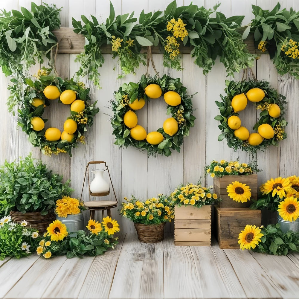 Lemon Backdrop Sunflower Lemon Wreath Wooden Summer Backdrop GTY3-374