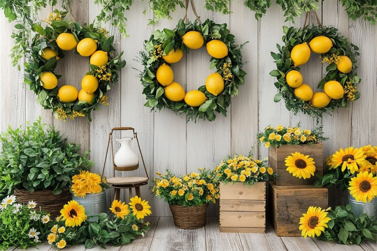 Lemon Backdrop Sunflower Lemon Wreath Wooden Summer Backdrop GTY3-374