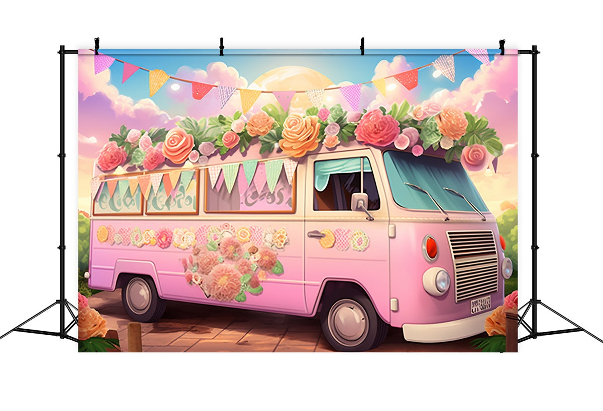 Summer Backdrops Pink Floral Van Summer Party Backdrop GTY3-376