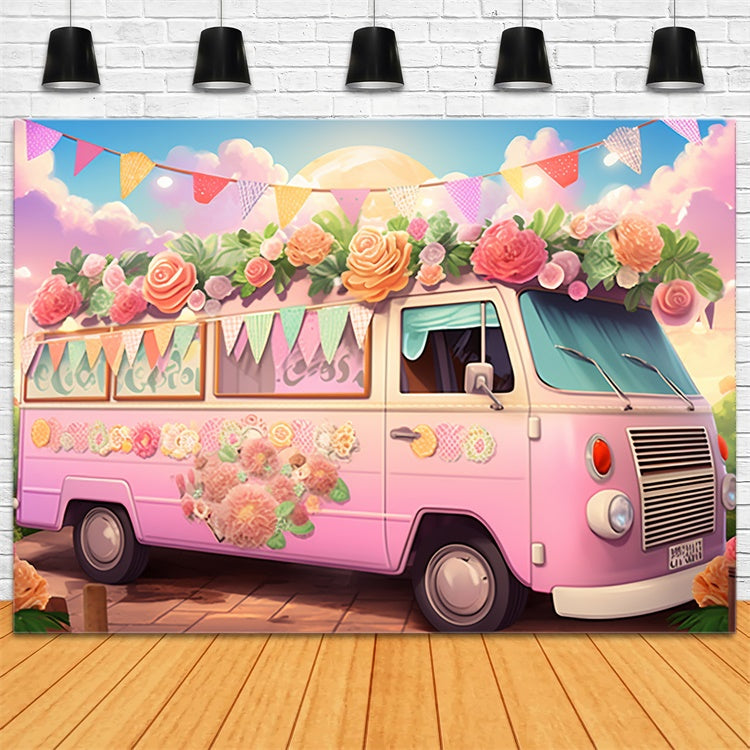 Summer Backdrops Pink Floral Van Summer Party Backdrop GTY3-376