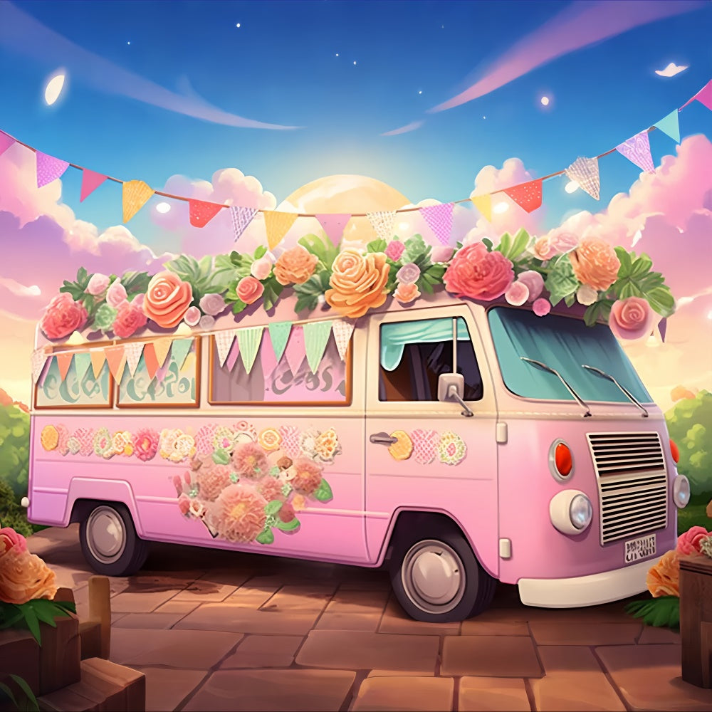Summer Backdrops Pink Floral Van Summer Party Backdrop GTY3-376
