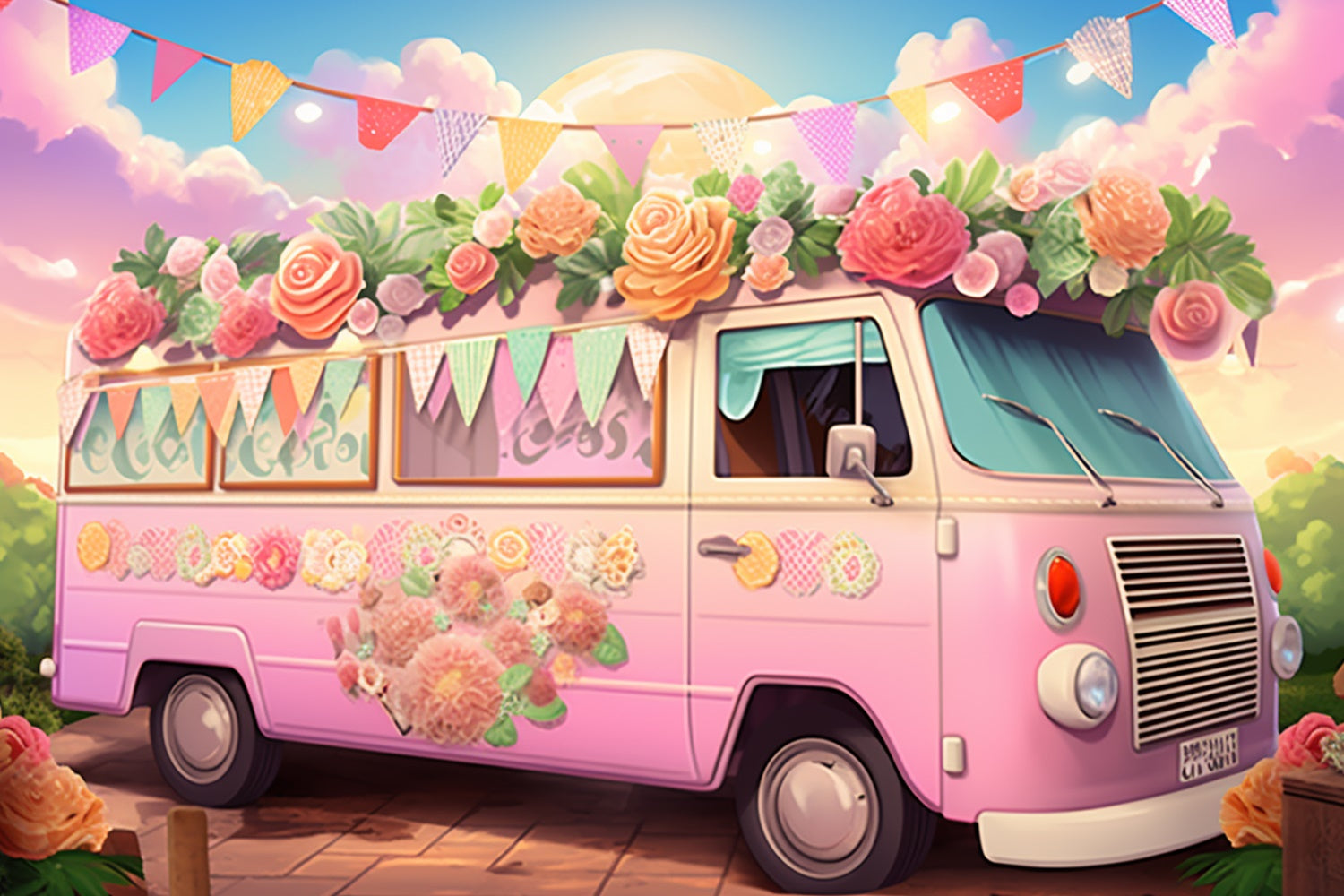 Summer Backdrops Pink Floral Van Summer Party Backdrop GTY3-376