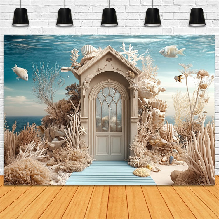 Summer Photo Backdrop Underwater Coral Castle Door Backdrop GTY3-377