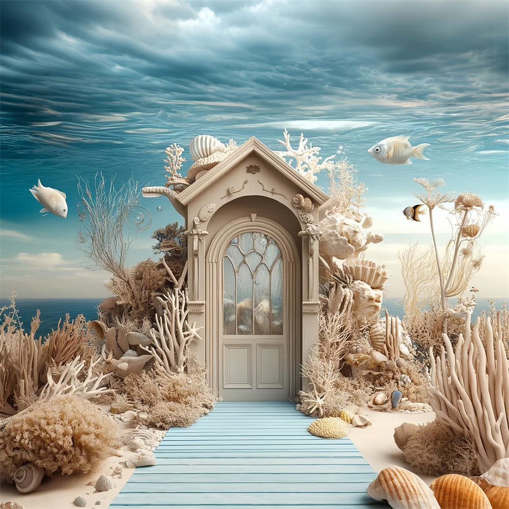 Summer Photo Backdrop Underwater Coral Castle Door Backdrop GTY3-377