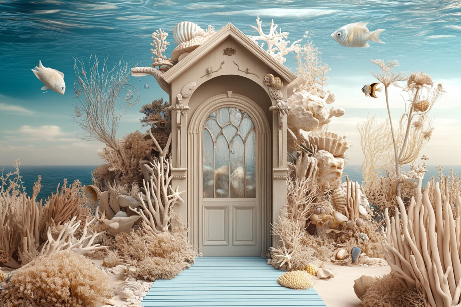 Summer Photo Backdrop Underwater Coral Castle Door Backdrop GTY3-377